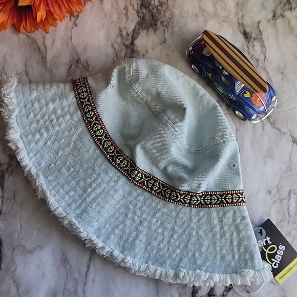 Light Blue Jeans Bucket Hat with Patterned Band - Picture 1 of 13